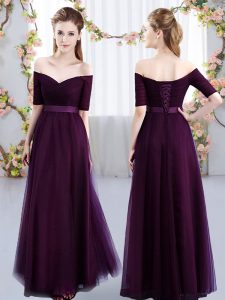 Discount Empire Dama Dress for Quinceanera Dark Purple Off The Shoulder Tulle Short Sleeves Floor Length Lace Up