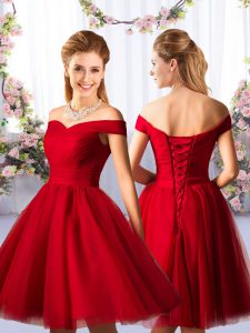 Red Tulle Lace Up Off The Shoulder Sleeveless Knee Length Quinceanera Court Dresses Ruching