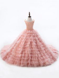 Customized Pink Lace Up Pageant Dress for Teens Beading and Ruffled Layers Sleeveless Court Train