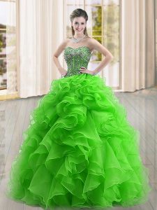 Captivating Sleeveless Organza Floor Length Lace Up Quinceanera Gown in Green with Beading and Ruffles