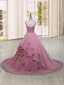 Sleeveless Hand Made Flower Lace Up Quinceanera Dresses with Pink Brush Train