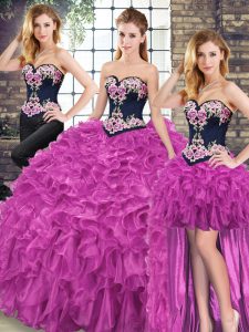 Dynamic Fuchsia Sleeveless Organza Sweep Train Lace Up 15th Birthday Dress for Military Ball and Sweet 16 and Quinceanera