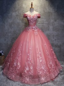 Watermelon Red Vestidos de Quinceanera Military Ball and Sweet 16 and Quinceanera with Appliques Off The Shoulder Sleeveless Lace Up