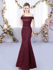 Elegant Burgundy Lace Up Off The Shoulder Sleeveless Floor Length Damas Dress Lace
