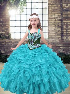 Aqua Blue and Turquoise Organza Lace Up Child Pageant Dress Sleeveless Floor Length Embroidery and Ruffles