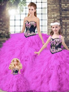 Chic Floor Length Fuchsia Sweet 16 Quinceanera Dress Tulle Sleeveless Beading and Embroidery