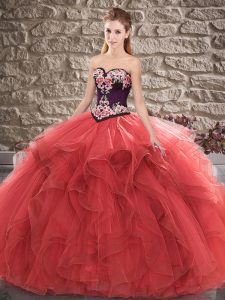 Glorious Floor Length Lace Up Quinceanera Dress Red for Sweet 16 and Quinceanera with Beading and Embroidery