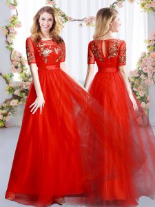 Fine Red Short Sleeves Appliques Floor Length Quinceanera Court Dresses