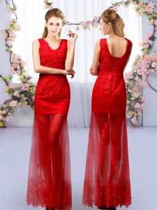 Beauteous Floor Length Red Damas Dress V-neck Sleeveless Lace Up