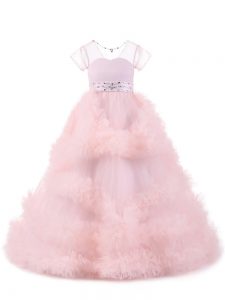 Top Selling Floor Length Baby Pink Pageant Dresses V-neck Short Sleeves Backless