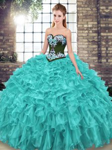 Edgy Sweetheart Sleeveless Organza Quinceanera Gowns Embroidery and Ruffles Sweep Train Lace Up