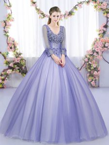 Modern Long Sleeves Tulle Floor Length Lace Up Sweet 16 Quinceanera Dress in Lavender with Lace and Appliques