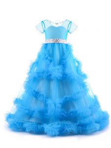 V-neck Short Sleeves Tulle Pageant Gowns For Girls Beading and Ruffles Backless
