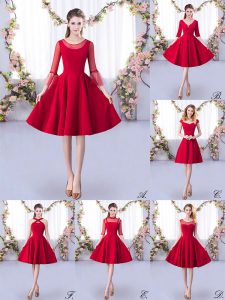Luxury Scoop 3 4 Length Sleeve Damas Dress Knee Length Ruching Red Satin