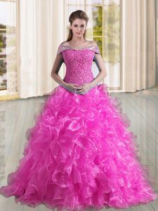 Stylish Sleeveless Sweep Train Lace Up Beading and Lace and Ruffles Vestidos de Quinceanera