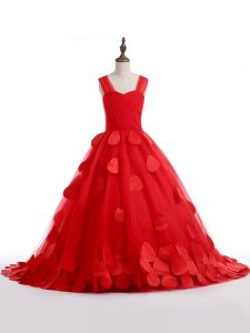 Red Tulle Lace Up Straps Sleeveless Pageant Dresses Brush Train Appliques