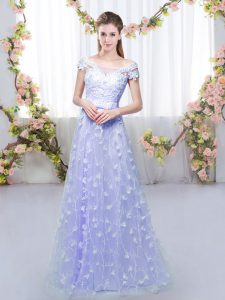 Eye-catching Lavender Lace Up Off The Shoulder Appliques Dama Dress for Quinceanera Tulle Cap Sleeves