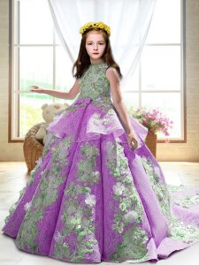 Sleeveless Appliques Backless Kids Formal Wear with Lilac Court Train