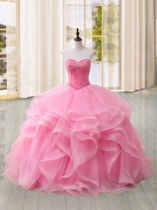 Lace Up Vestidos de Quinceanera Pink for Military Ball and Sweet 16 and Quinceanera with Beading and Ruffles Sweep Train