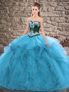 Charming Blue Ball Gowns Sweetheart Sleeveless Tulle Floor Length Lace Up Beading and Embroidery Vestidos de Quinceanera
