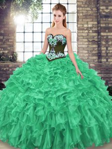Edgy Sleeveless Organza Sweep Train Lace Up 15th Birthday Dress in Green with Embroidery and Ruffles