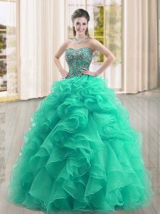 Luxurious Turquoise Ball Gowns Beading and Ruffles 15th Birthday Dress Lace Up Organza Sleeveless Floor Length