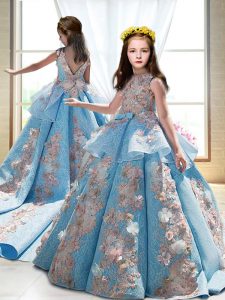 Inexpensive Blue Ball Gowns Satin High-neck Sleeveless Appliques Backless Little Girls Pageant Dress Court Train