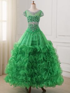 Organza V-neck Cap Sleeves Lace Up Beading and Ruffles Little Girls Pageant Dress in Green