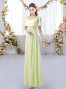Fashionable Yellow Green Empire Chiffon Scoop Short Sleeves Appliques Floor Length Zipper Quinceanera Court of Honor Dress