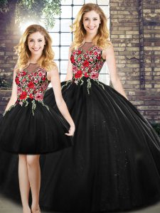 Shining Black Tulle Zipper Scoop Sleeveless Floor Length Sweet 16 Dresses Embroidery