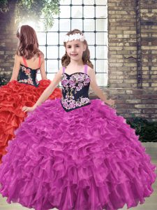 Fuchsia Ball Gowns Organza Straps Sleeveless Embroidery and Ruffled Layers Floor Length Lace Up Little Girl Pageant Gowns