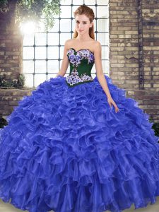 Sleeveless Embroidery and Ruffles Lace Up Quinceanera Dresses with Royal Blue Sweep Train