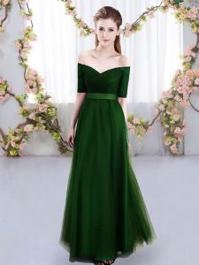 Elegant Green Short Sleeves Ruching Floor Length Dama Dress