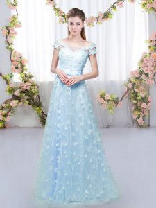 Blue Empire Appliques Quinceanera Dama Dress Lace Up Tulle Cap Sleeves Floor Length