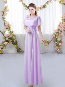 Dazzling Lavender Chiffon Zipper Damas Dress Short Sleeves Floor Length Appliques