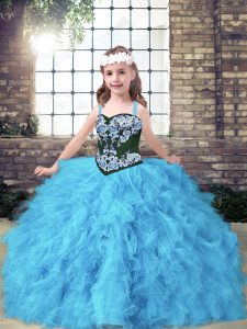Embroidery and Ruffles Kids Formal Wear Baby Blue Lace Up Sleeveless Floor Length