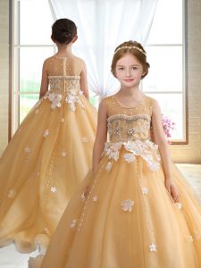 Sweet Ball Gowns Sleeveless Gold Pageant Dress Toddler Brush Train Zipper
