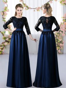 Popular Navy Blue 3 4 Length Sleeve Lace Floor Length Dama Dress