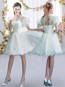 Scoop Short Sleeves Tulle Quinceanera Court of Honor Dress Lace Lace Up