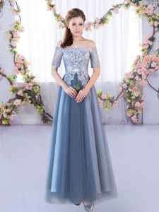 Blue Short Sleeves Tulle Lace Up Damas Dress for Prom and Party and Wedding Party