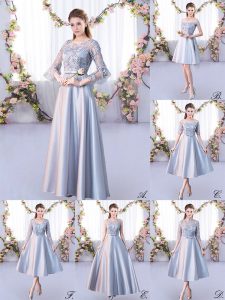 Silver Lace Up Dama Dress for Quinceanera Lace 3 4 Length Sleeve Floor Length