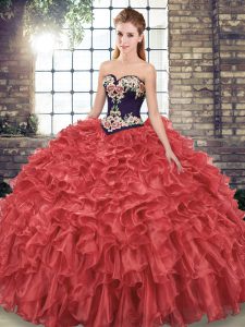 Red Ball Gowns Embroidery and Ruffles Quinceanera Dress Lace Up Organza Sleeveless