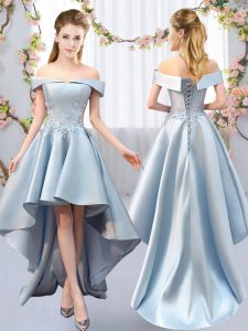 Light Blue Off The Shoulder Lace Up Appliques Quinceanera Court Dresses Sleeveless