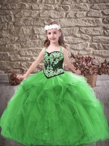Green Straps Lace Up Embroidery and Ruffles Kids Formal Wear Sleeveless