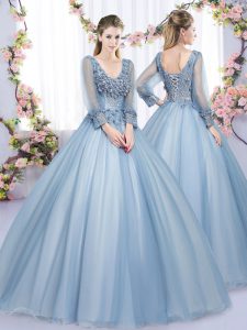 Floor Length Lace Up Quince Ball Gowns Blue for Military Ball and Sweet 16 and Quinceanera with Lace and Appliques