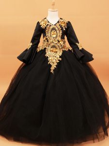 Cute Black Tulle Winning Pageant Gowns Long Sleeves Floor Length Beading and Appliques
