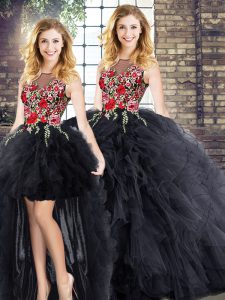Black Sweet 16 Dresses Military Ball and Sweet 16 and Quinceanera with Embroidery and Ruffles Scoop Sleeveless Zipper