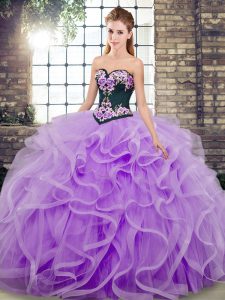 Sweetheart Sleeveless 15th Birthday Dress Sweep Train Embroidery and Ruffles Lavender Tulle