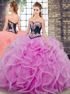 Sweetheart Sleeveless Tulle Sweet 16 Dresses Embroidery and Ruffles Sweep Train Lace Up