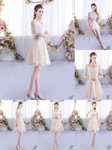 Glittering Scoop Short Sleeves Dama Dress for Quinceanera Mini Length Lace Champagne